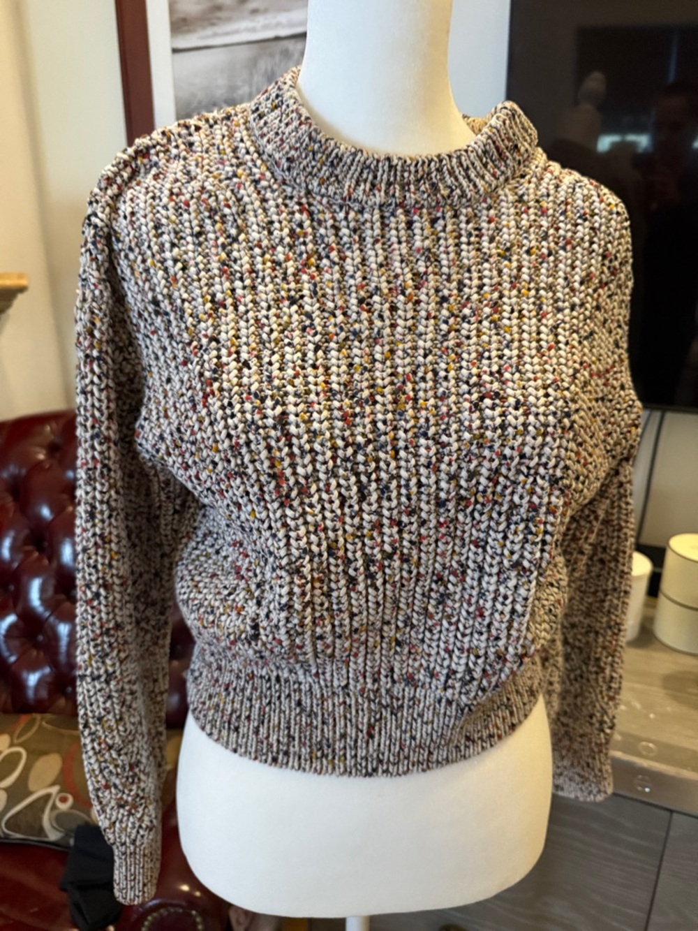 Veronica Beard Multicolor Speckled Cream Crewneck Sweater